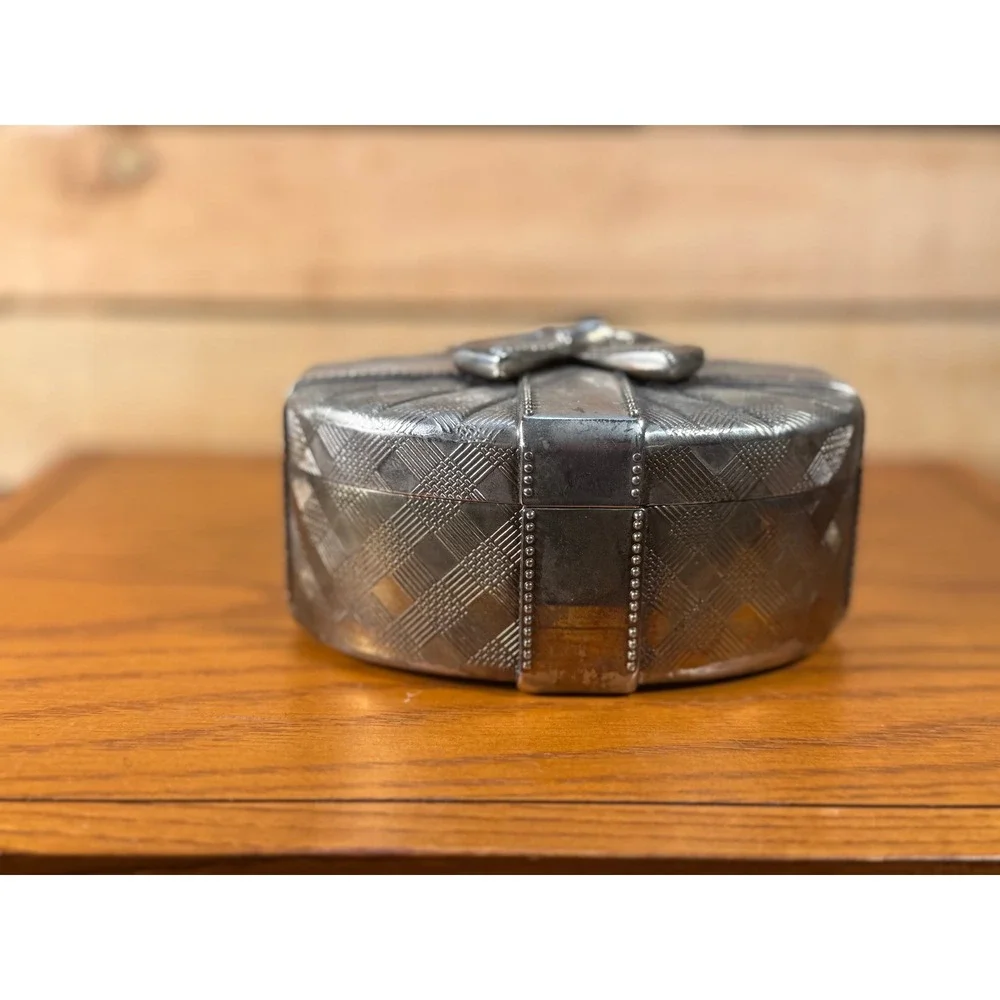 Vintage Godinger-Type 1991 Silver Plate Oval Bow Trinket Jewelry Box Velvet